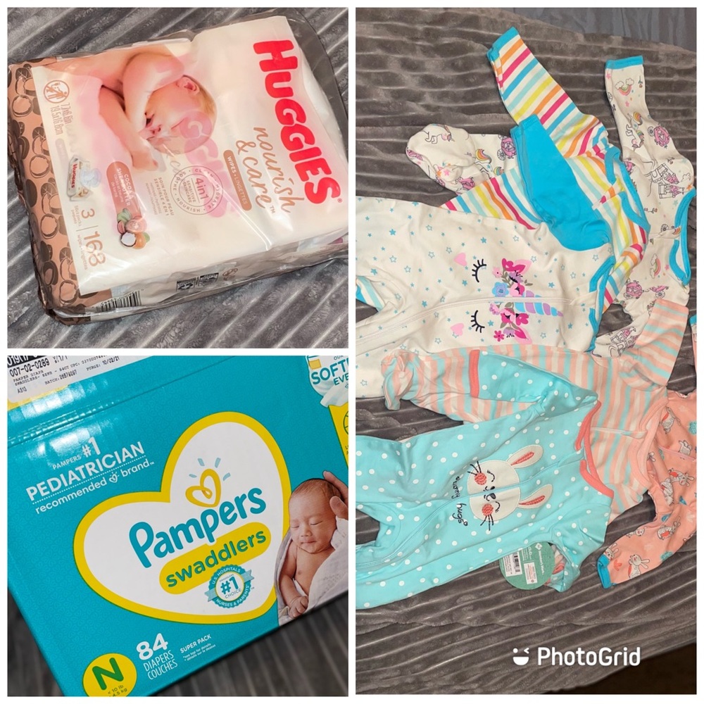 Diapers. Wipes. Assorted footies. FREE GIFT WITH PURCHASE